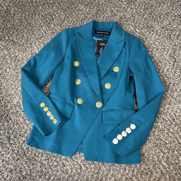 Boston Proper Modern Double Breasted Blazer Size 4 Teal Blue Gold Buttons New - Picture 6 of 9